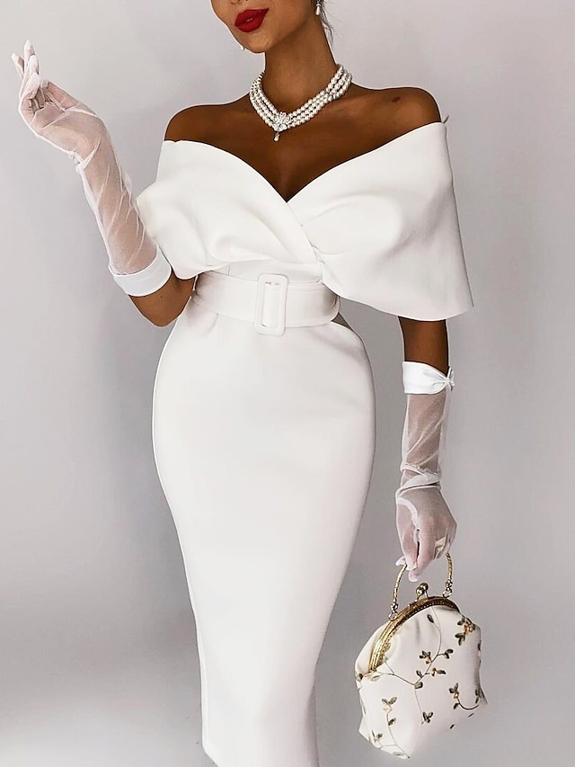  Ίσια Γραμμή Κοκτέιλ Φορέματα Κομψό Φόρεμα Επισκέπτης γάμου Φόρεμα πάρτι Κάτω από το γόνατο Αμάνικο Ώμοι Έξω Ύφασμα Stretch με Ζώνη / Κορδέλα 2024