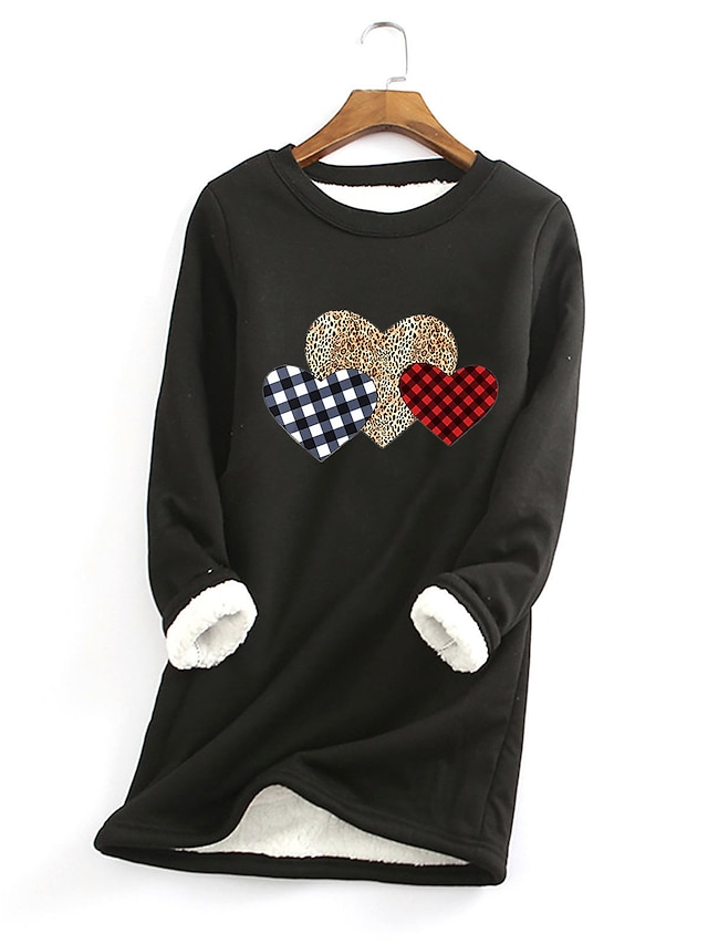 Womens Clothing Plus Size Collection | Womens Plus Size Tops Pullover Sweatshirt Heart Print Long Sleeve Round Neck Hoodie Valen