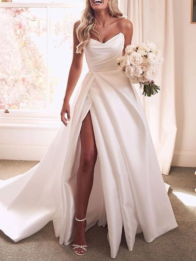  A-Line Wedding Dresses Sweetheart Neckline Court Train Satin Sleeveless Simple Sexy with Split Front 2022