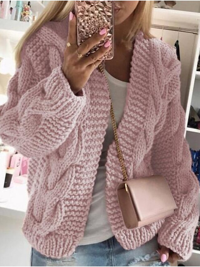 Women's Cardigan Knitted Solid Color Basic Casual Chunky Long Sleeve ...