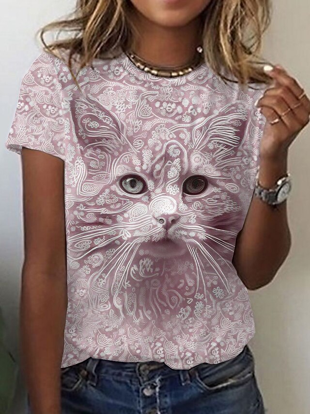 Women's T shirt Tee Graphic Cat 3D Pink Blue Purple Print Short Sleeve ...