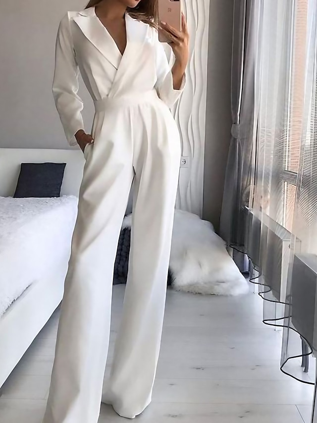  Women's Elegant Casual Streetwear Daily Wear V Neck High Waist White Black Wine Jumpsuit Solid Color