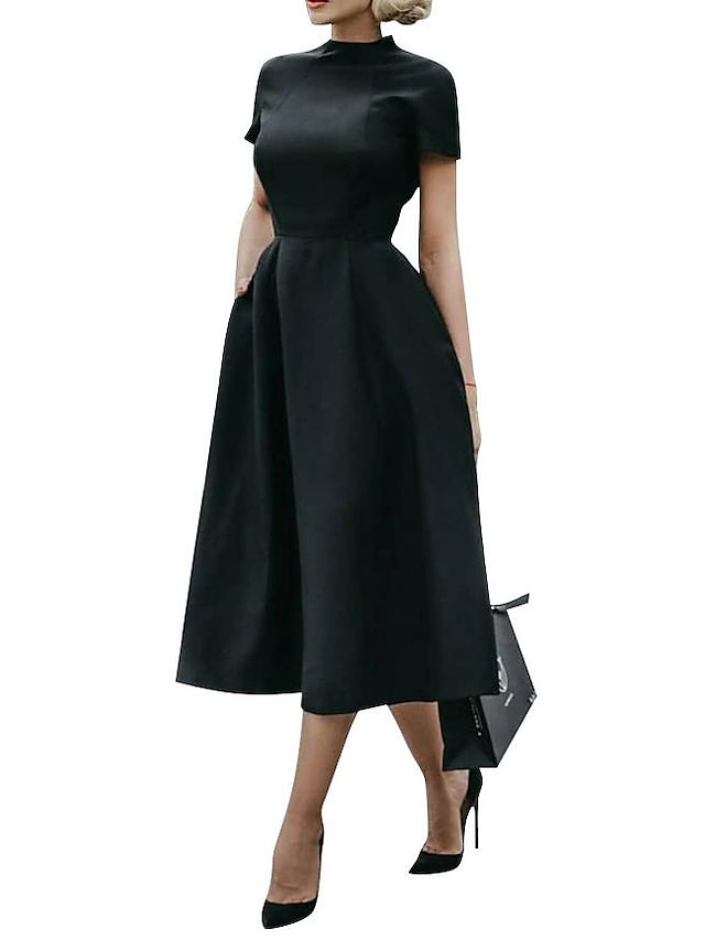 Womens Clothing Womens Dresses | Womens A Line Dress Midi Dress Black Short Sleeve Solid Color Zipper Fall Summer Round Neck Ele