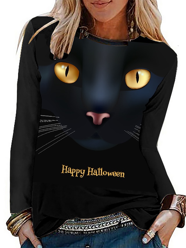 Dames T-shirt dier Kat 3D Zwart Afdrukken Lange mouw Halloween Weekend Basic Halloween Ronde hals Normale pasvorm Herfst winter