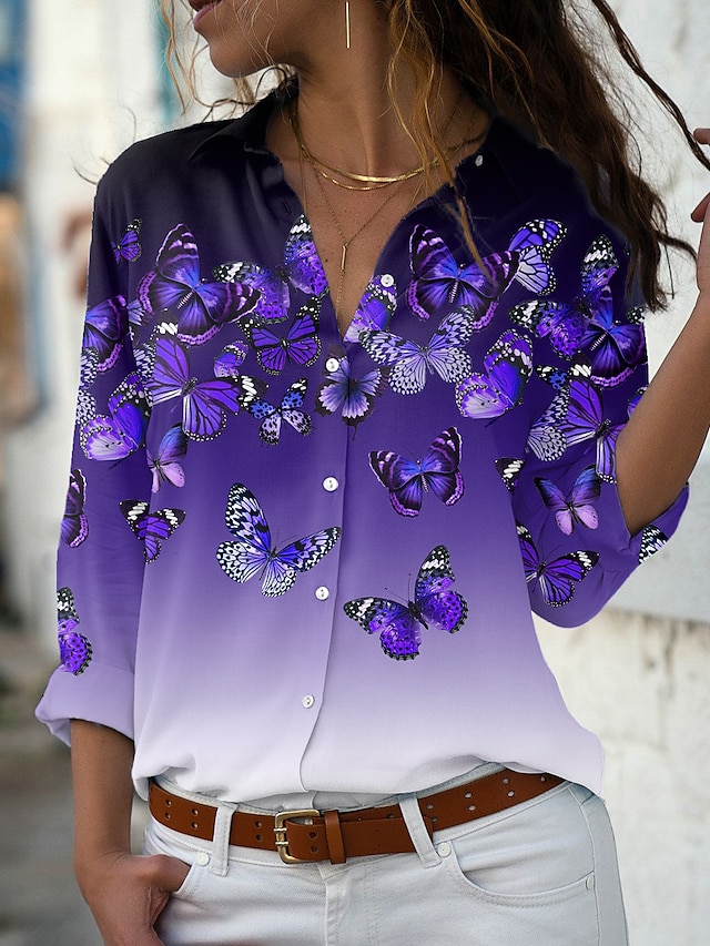  Women's Shirt Blouse Pink Blue Purple Animal Butterfly Button Print Long Sleeve Holiday Weekend Streetwear Casual Shirt Collar Regular Butterfly S