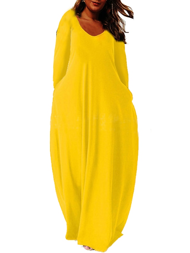  女性のプラスサイズのカーブシフトドレスソリッドカラーボートネック長袖春秋ベーシックカジュアルマキシロングドレスデイリーバケーションドレス