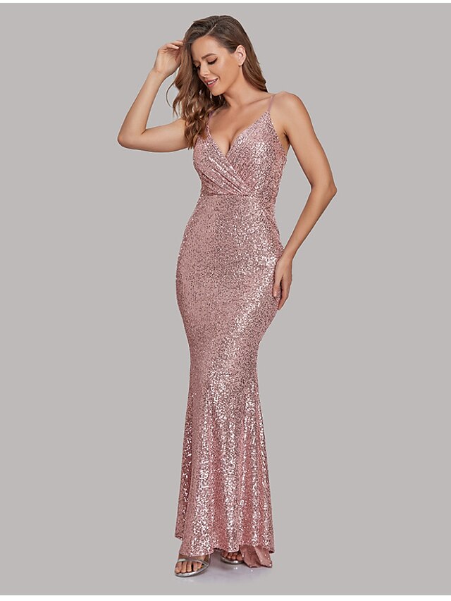 Womens Clothing Womens Dresses | Womens A Line Dress Maxi long Dress Pink Gold Sleeveless Solid Color Sequins Fall Spring Deep V