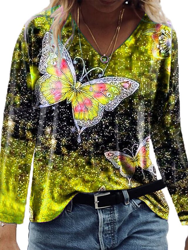 Womens Clothing Plus Size Collection | Womens Plus Size Tops T shirt Butterfly Sequins Print Long Sleeve V Neck Streetwear Daily