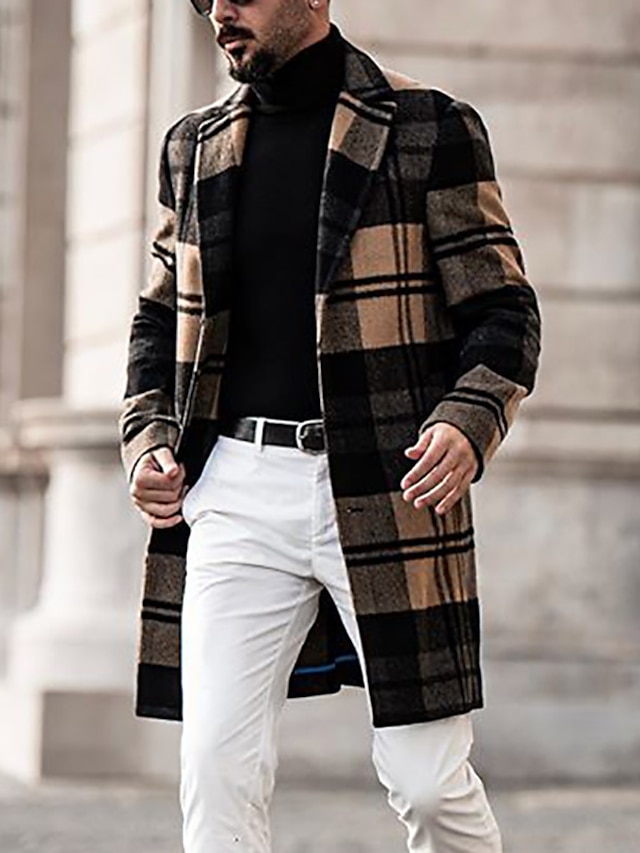 Men's Plaid Tweed Casual Overcoat Long Regular Fit Checkered Single ...