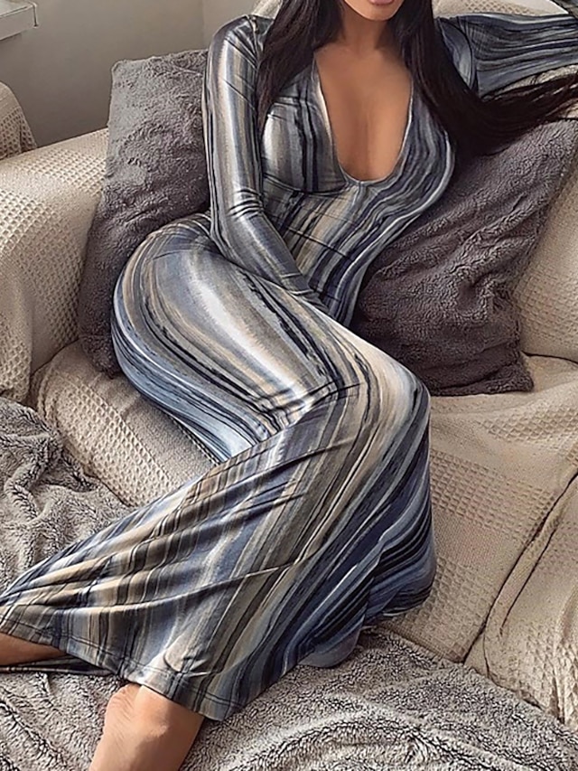 Womens Clothing Plus Size Collection | Womens Plus Size Sheath Dress Tie Dye Square Neck Print Long Sleeve Summer Casual Maxi lo