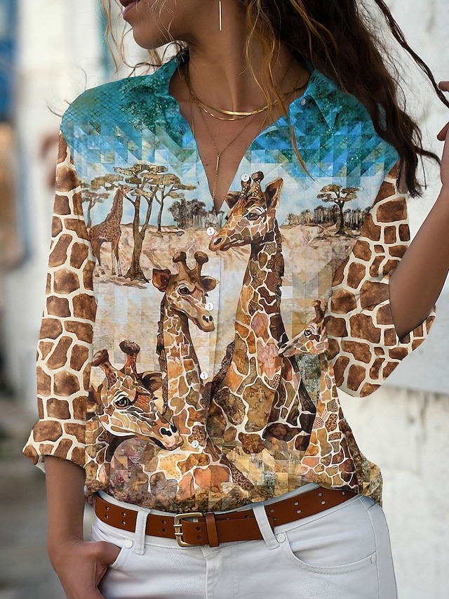  Women's Shirt Blouse Brown Animal Giraffe Button Print Long Sleeve Daily Weekend Basic Shirt Collar Regular S