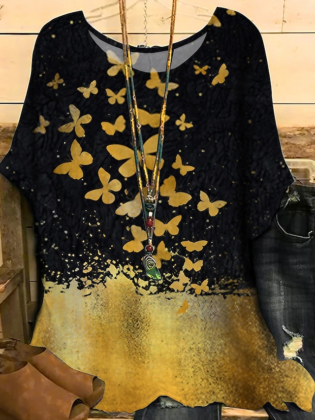  Women's Plus Size Tops Tunic Blouse Graphic Butterfly Sparkling Glitter Print Hot Stamping Round Neck Short Sleeve Fall Summer Basic Chinoiserie Blue Yellow Gray Big Size XL XXL 3XL 4XL 5XL / Holiday