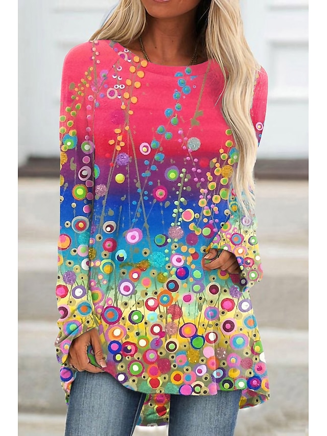  Dame Plusstørrelser Tunika T-shirt tunika Blomstret Grafisk 3D Trykt mønster Daglig Weekend Tunika Basale Neon & Bright Langærmet Rund hals Lyserød Efterår vinter