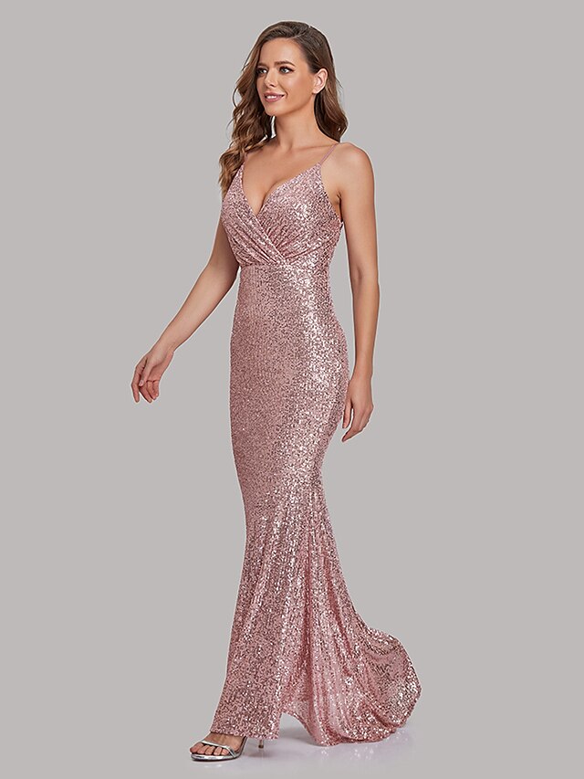 Womens Clothing Womens Dresses | Womens A Line Dress Maxi long Dress Pink Gold Sleeveless Solid Color Sequins Fall Spring Deep V