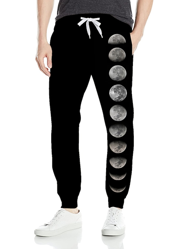  Men's Pants Sweatpants Drawstring Print Stylish Casual Casual Daily Micro-elastic Outdoor Sports Moon Mid Waist 3D Print Black S M L