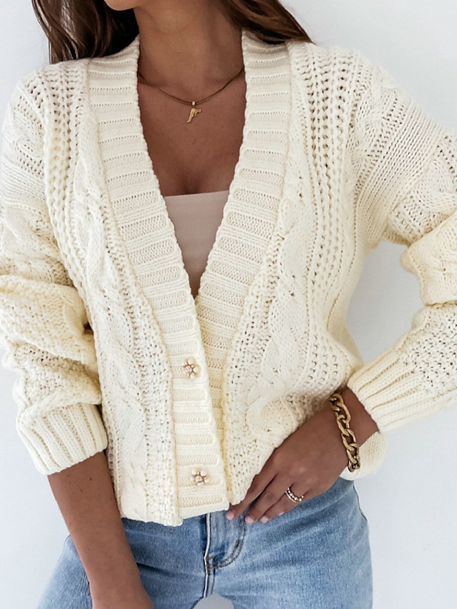  Women's Sweater Cardigan Sweater V Neck Cable Crochet Knit Cotton Acrylic Knitted Hole Drop Shoulder Fall Winter Cropped Casual Daily Wear Stylish Long Sleeve Solid Color White Yellow Purple One-Size