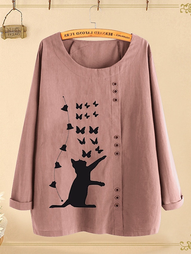 Womens Clothing Plus Size Collection | Womens Plus Size Tops Blouse Cat Butterfly Long Sleeve Round Neck Casual Dailywear Holida