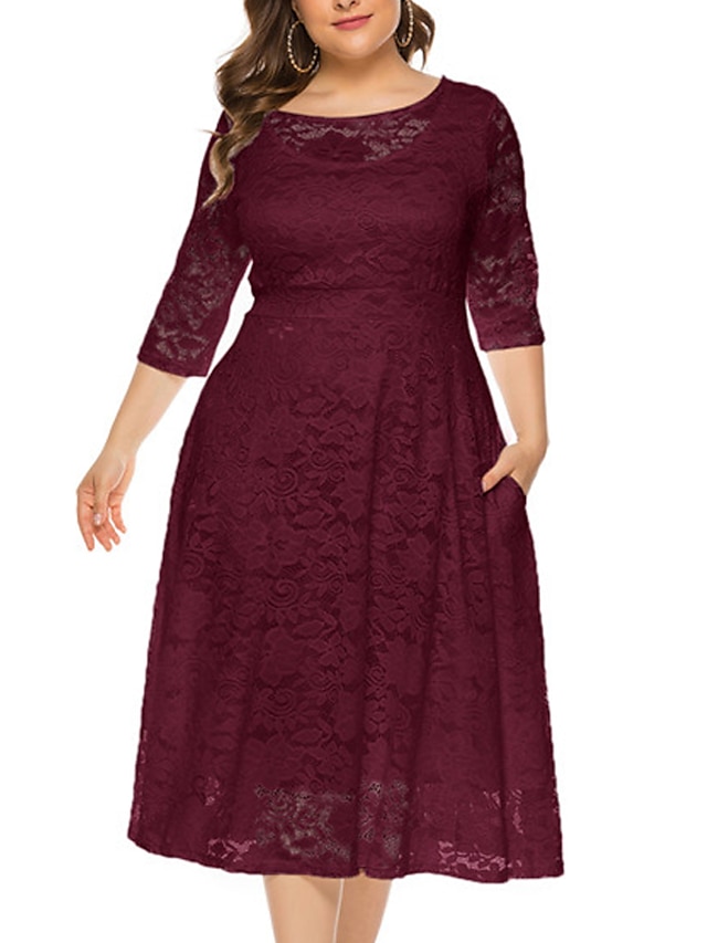 Womens Clothing Plus Size Collection | Womens Plus Size A Line Dress Floral Round Neck Lace 3/4 Length Sleeve Fall Summer Work P