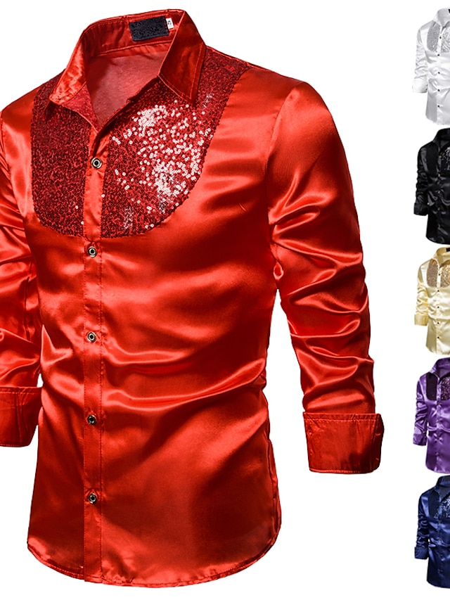 Mens Clothing Mens Shirts | Mens Shirt Solid Colored Collar Classic Collar Performance Club Sequins Long Sleeve Tops Basic Sexy 