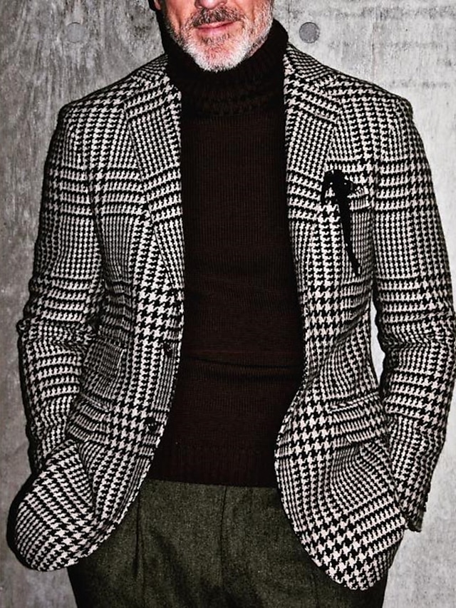  Мужской пиджак в ломаную клетку, повседневный ретро-пиджак, классический крой, клетчатый однобортный, с двумя пуговицами, черный, 2024