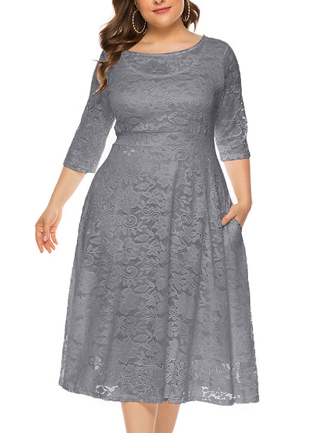 Womens Clothing Plus Size Collection | Womens Plus Size A Line Dress Floral Round Neck Lace 3/4 Length Sleeve Fall Summer Work P