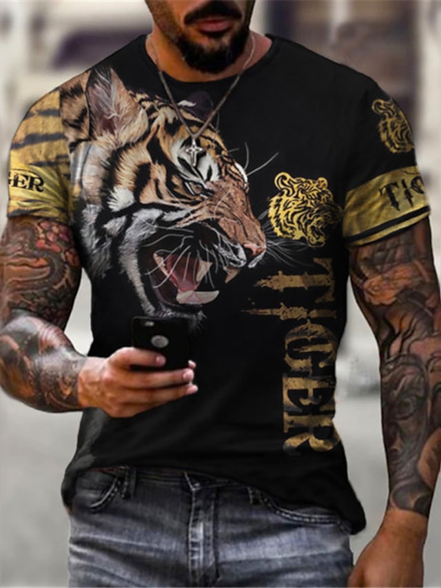 Men's Shirt T shirt Tee Tee Graphic Animal Tiger Crew Neck Black Orange Green Khaki 3D Print Plus Size Casual Daily Short Sleeve Clothing Apparel Designer Basic Slim Fit Big and Tall