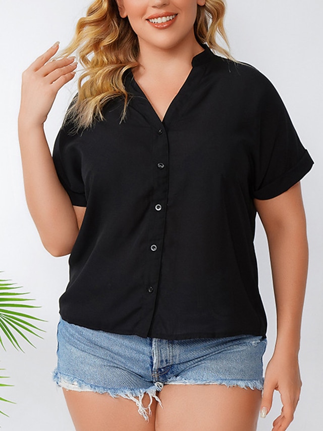 Womens Clothing Plus Size Collection | Womens Plus Size Tops Blouse Shirt Plain Button Short Sleeve V Neck Basic Daily Weekend P