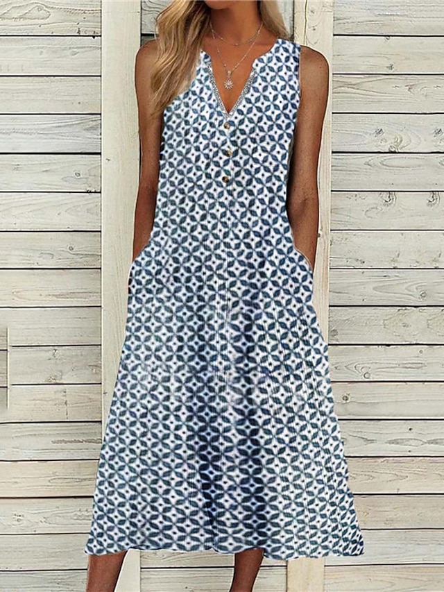 Womens Clothing Womens Dresses | Womens A Line Dress Midi Dress Green Blue Sleeveless Geometric Pocket Print Fall Summer V Neck 