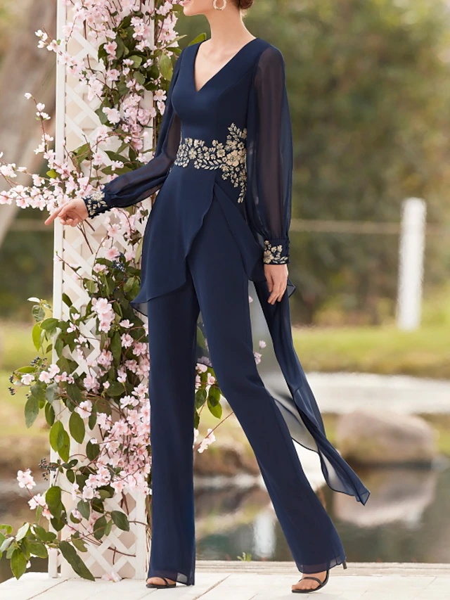 Jumpsuit Mother of the Bride Formal Wedding Guest Elegant V Neck Floor Length Chiffon Lace Long Sleeve with Appliques 6