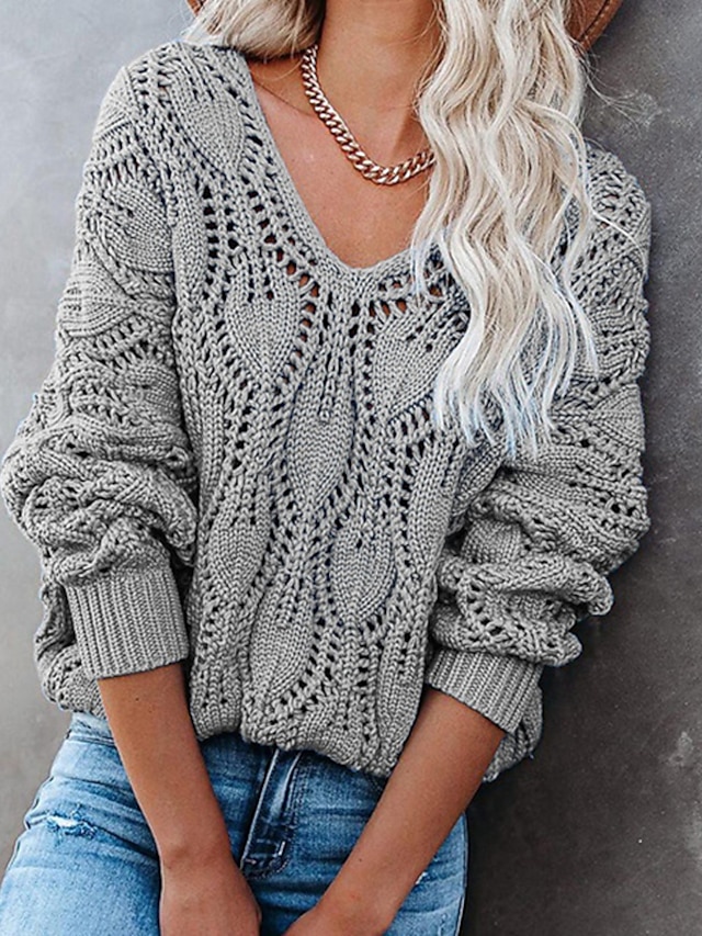 Women's Sweater Pullover Jumper V Neck Crochet Knit Acrylic Hollow Out ...