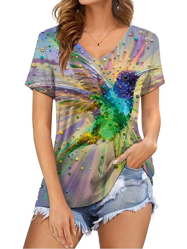  Damen Geometrisch T-Shirt Vogel Druck V-Ausschnitt Grundlegend Oberteile Regenbogen