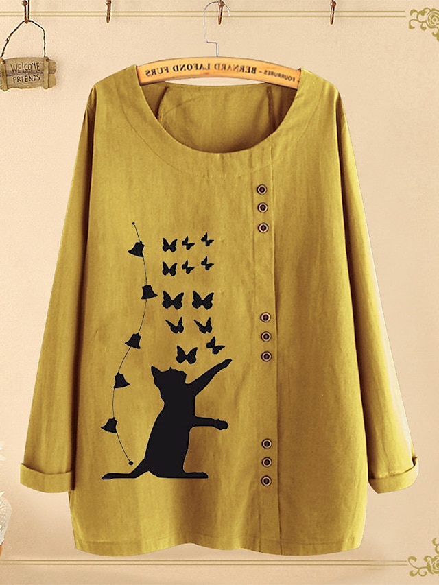 Womens Clothing Plus Size Collection | Womens Plus Size Tops Blouse Cat Butterfly Long Sleeve Round Neck Casual Dailywear Holida