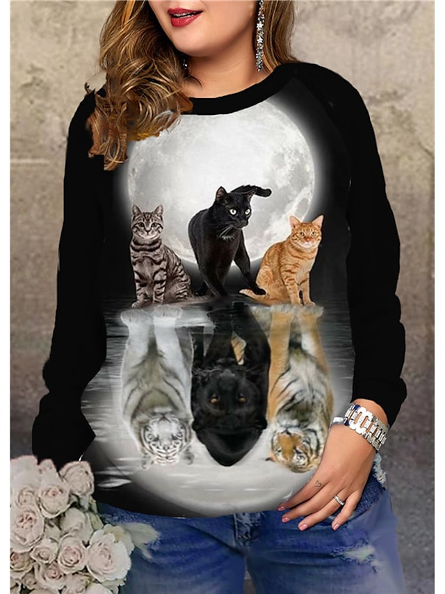 Womens Clothing Plus Size Collection | Womens Plus Size Tops Pullover Sweatshirt Cat Graphic Print Long Sleeve Crewneck Hoodie S