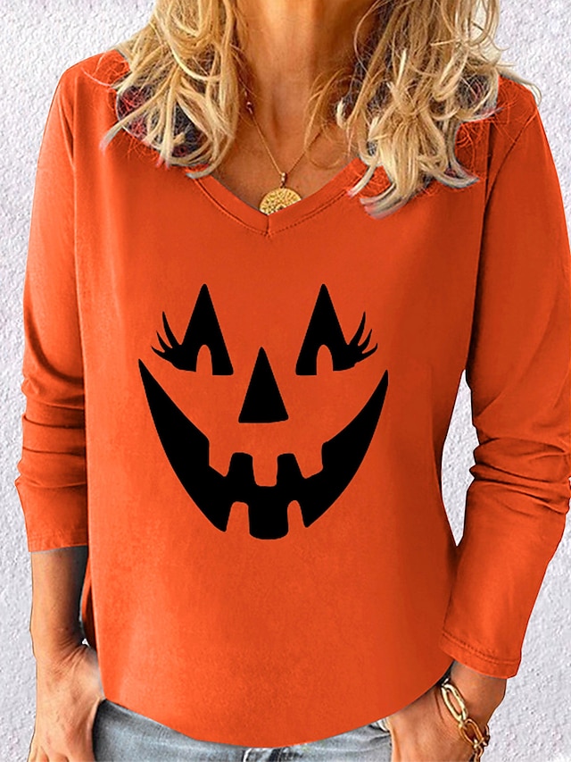  Women's Halloween Weekend Abstract Painting T shirt Tee Graphic Pumpkin Long Sleeve Print V Neck Basic Halloween Tops Black Blue Gray S