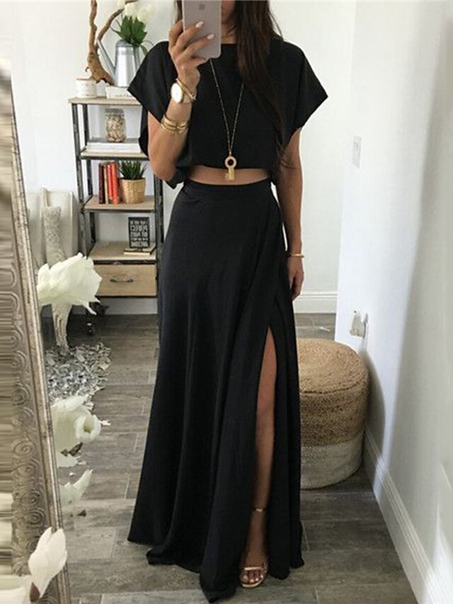 Womens Clothing Womens Dresses | Womens A Line Dress Maxi long Dress Black Short Sleeve Solid Color Split Fall Summer Round Neck