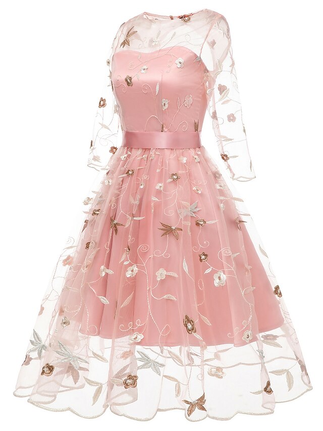 Cap Sleeve Floral Jeweled A-Line Cocktail Dress