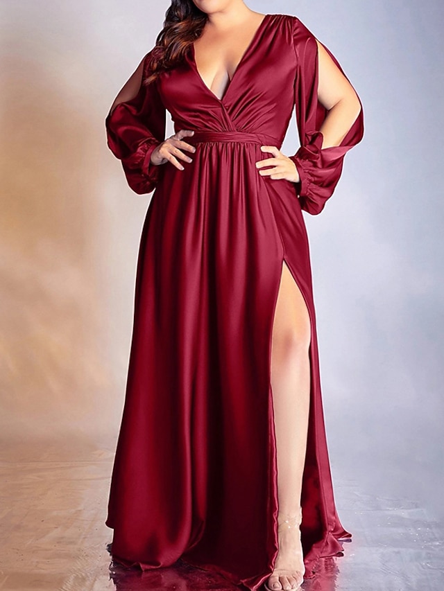  Women's Plus Size Party Dress Solid Color V Neck Ruched Long Sleeve Fall Winter Formal Prom Dress Maxi long Dress Party Dress