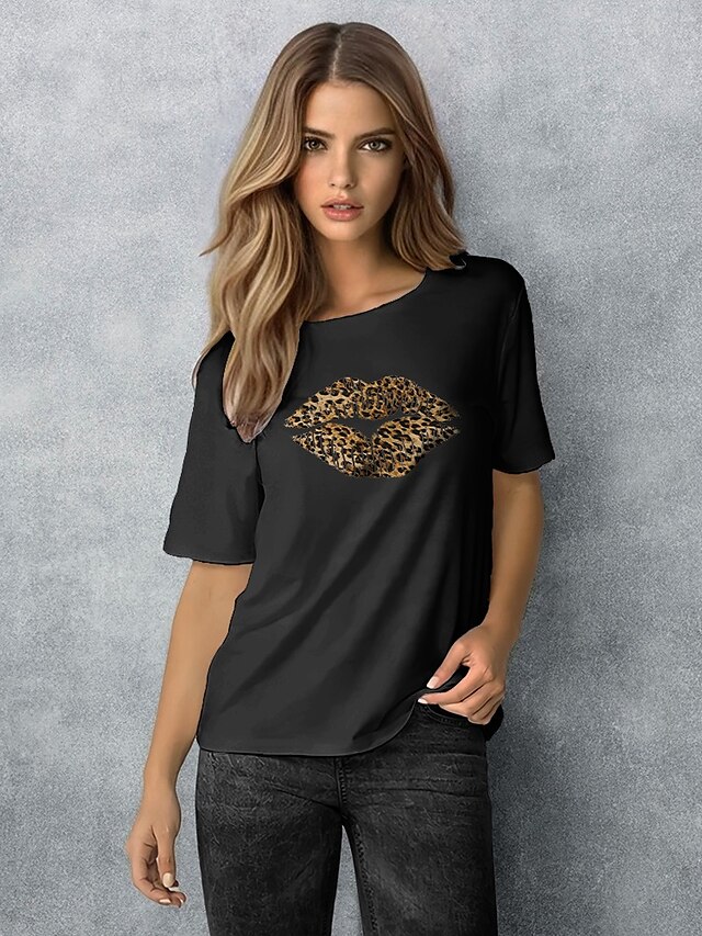  Naisten T-paita Apila Keltainen Viini Leopardi Painettu Lyhythihainen Päivittäin Viikonloppu Perus Pyöreä kaula-aukko Normaali 100% puuvilla S / Kesä