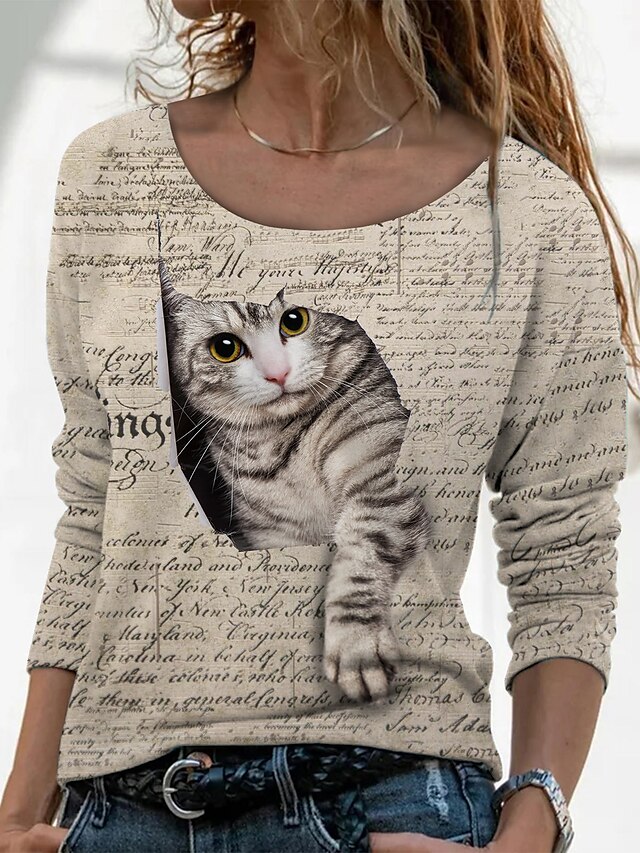 Womens Clothing Womens Tops | Womens Cat 3D Text Daily Weekend 3D Cat Painting T shirt Tee Long Sleeve Print Round Neck Basic Es