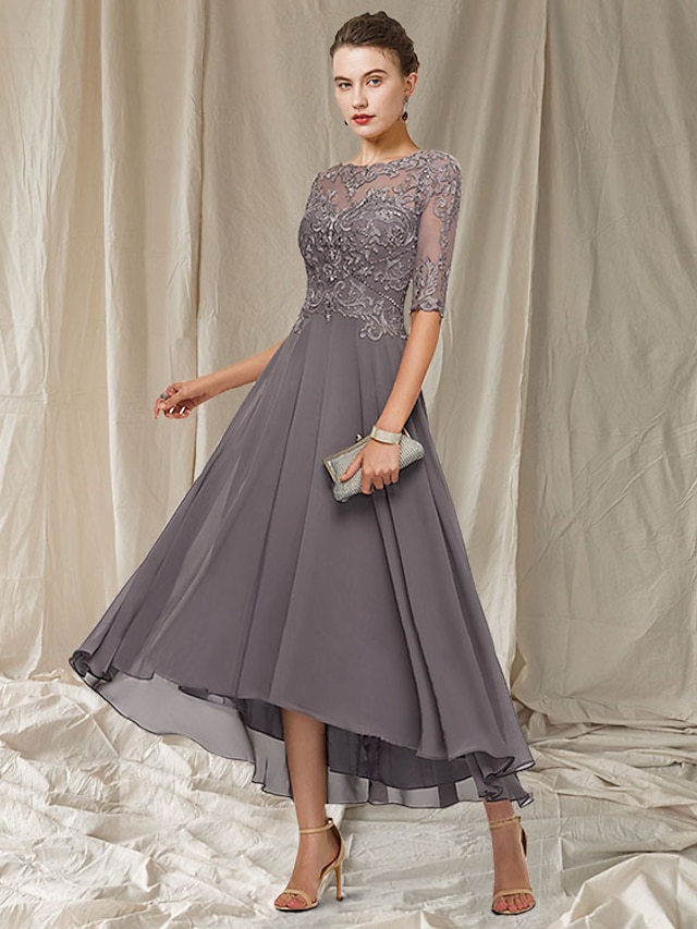  A-Line Mother of the Bride Dress Elegant Jewel Neck Asymmetrical Ankle Length Chiffon Lace Half Sleeve with Pleats Appliques 2022