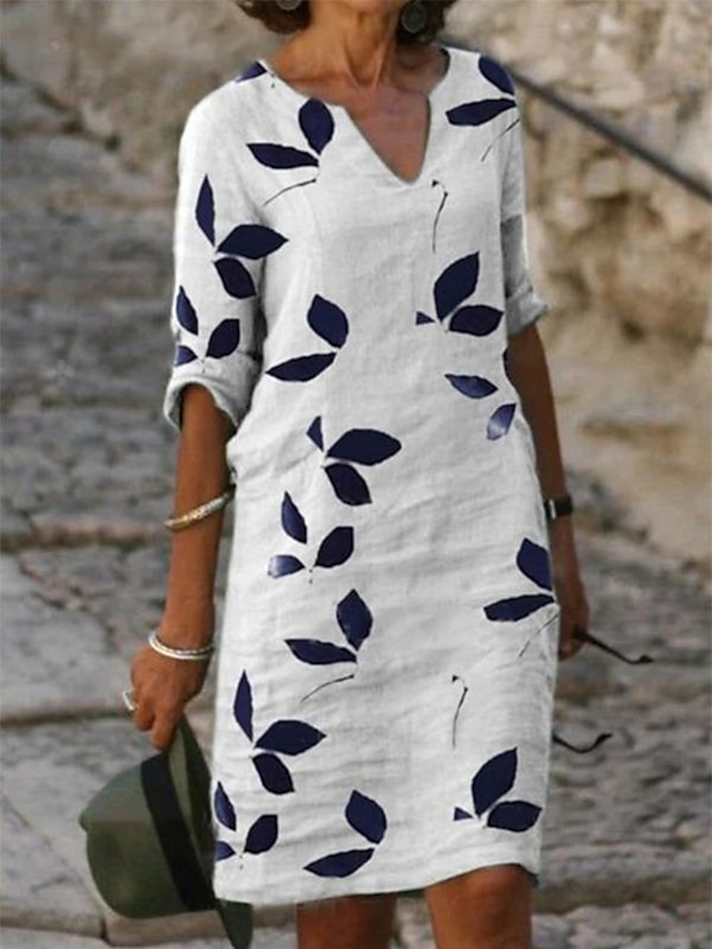  Γυναικεία Καθημερινό φόρεμα Φόρεμα ριχτό Μίντι φόρεμα Λευκό Μισό μανίκι Φύλλο Στάμπα Άνοιξη Φθινόπωρο Λαιμόκοψη V Βασικό Χαλαρή Εφαρμογή 2023 Τ M L XL XXL