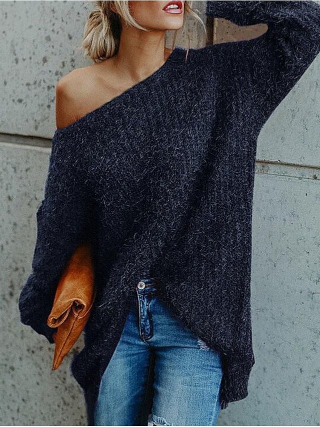 Womens Clothing Sweaters & Cardigans | Womens Pullover Sweater Jumper chunky Knit Tunic Knitted Solid Color Off Shoulder Stylish