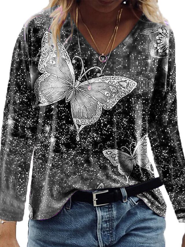 Womens Clothing Plus Size Collection | Womens Plus Size Tops T shirt Butterfly Sequins Print Long Sleeve V Neck Streetwear Daily