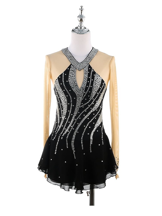 Sports & Outdoors Ice Skating | Figure Skating Dress Womens Girls Ice Skating Dress Outfits Black Spandex High Elasticity Traini