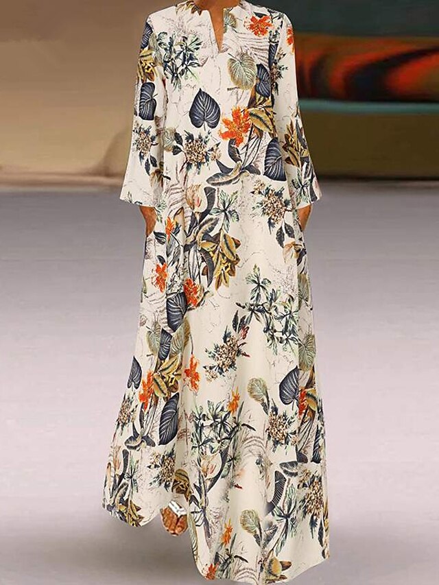 Womens Clothing Womens Dresses | Womens A Line Dress Maxi long Dress Dark Blue Orange Red Long Sleeve Floral Pocket Print Fall V