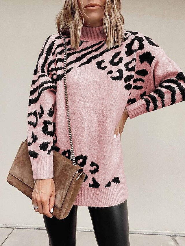 Womens Clothing Sweaters & Cardigans | Womens Pullover Sweater Jumper Knit Tunic Modern Style Leopard Print High Neck Basic Casu