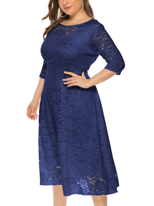 Womens Clothing Plus Size Collection | Womens Plus Size A Line Dress Floral Round Neck Lace 3/4 Length Sleeve Fall Summer Work P