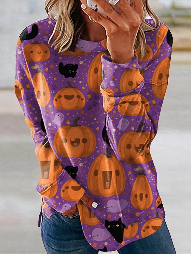 Womens Clothing Womens Tops | Womens Sweatshirt Pullover Cat Graphic Prints Pumpkin Print Halloween Weekend 3D Print Streetwear 