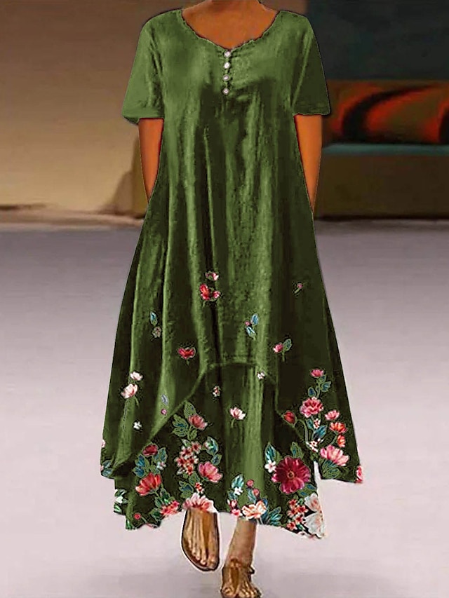 Womens Clothing Womens Dresses | Womens A Line Dress Maxi long Dress Green Black Short Sleeve Floral Print Fall V Neck Casual 20