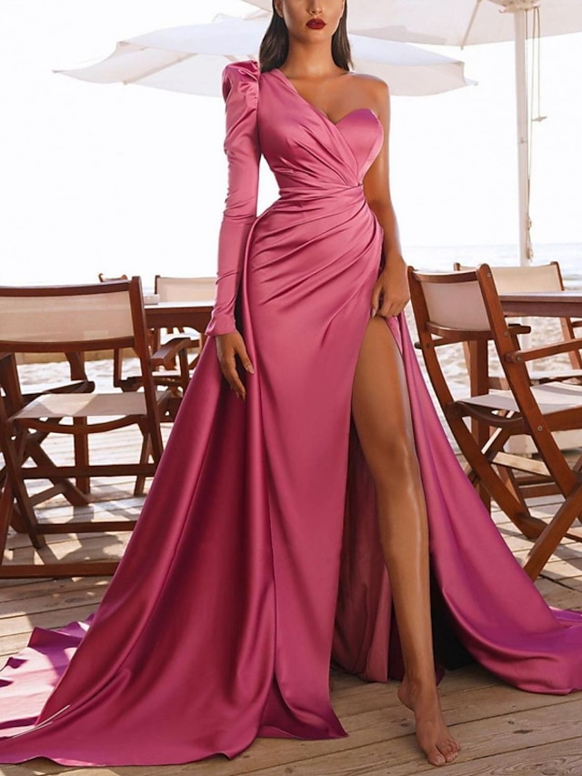  A-Line Elegant Vintage Party Wear Prom Birthday Dress One Shoulder Long Sleeve Court Train Satin with Ruched Slit 2022